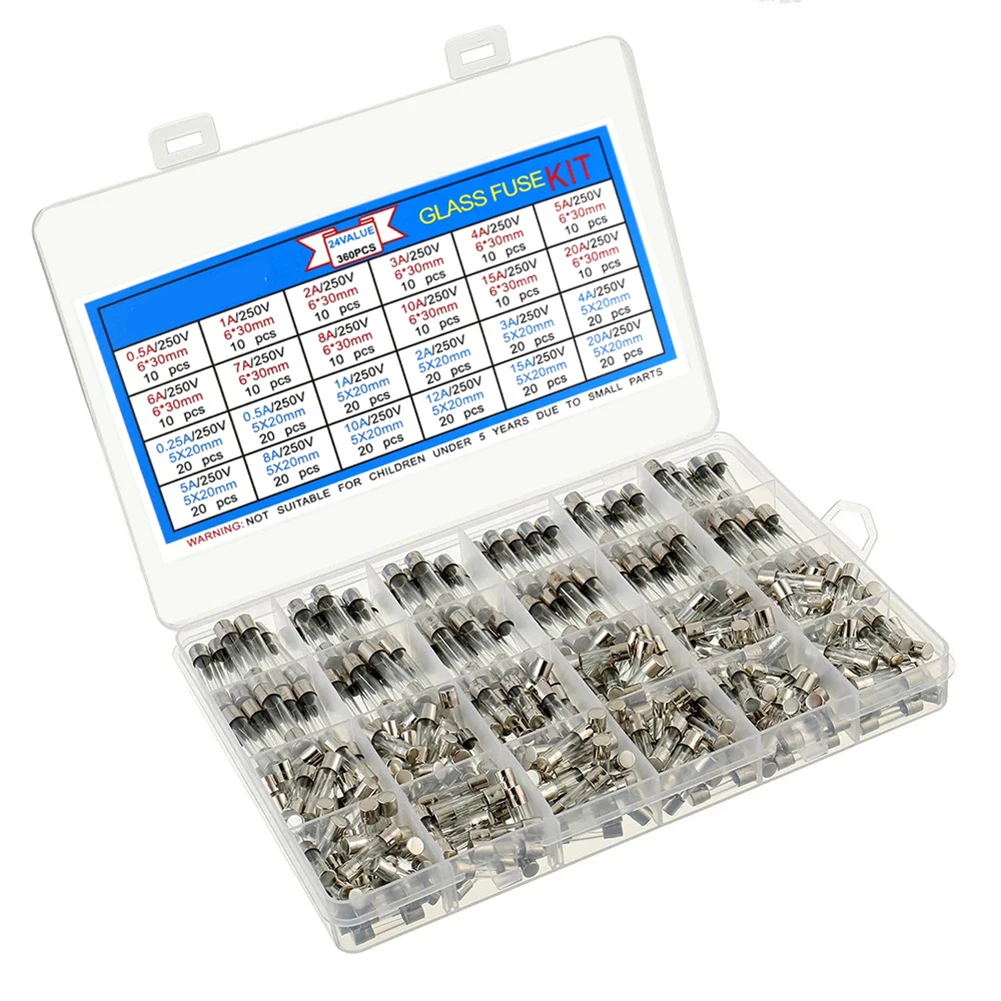 360PCS Glass Fuse With Box 5×20mm 0.25A-20A 6x30mm 0.5A-20A Assortment Auto Parts Glass Fuse Kit Glass Tube Fuses
360PCS Glass Fuse With Box 5×20mm 0.25A-20A 6x30mm 0.5A-20A Assortment Auto Parts Glass Fuse Kit Glass Tube Fuses