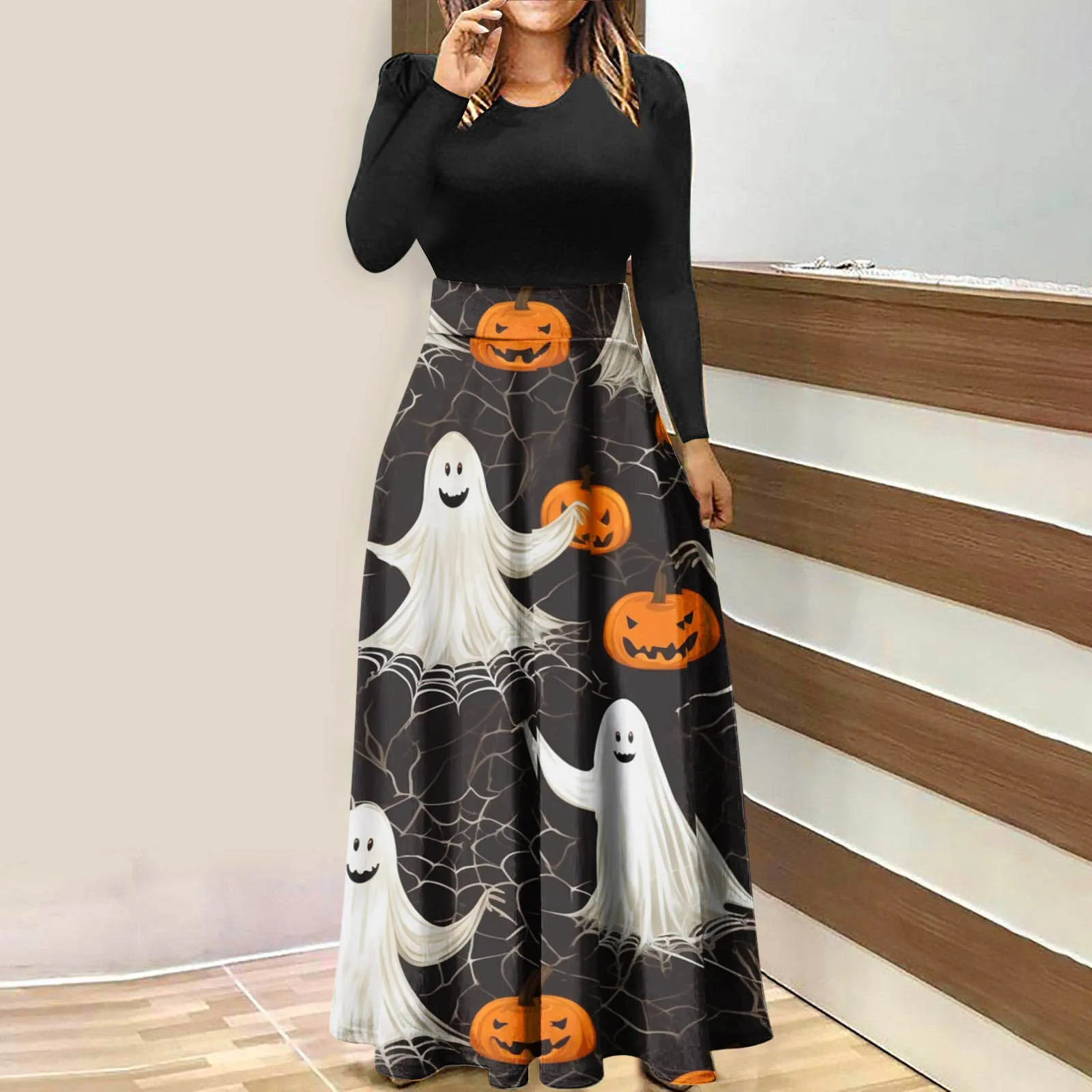 

Womens Halloween Dresses Long Sleeve Crewneck High Waisted Dress Trendy Graphic Womens Summer Womens Long Sleeve Tunic Dress