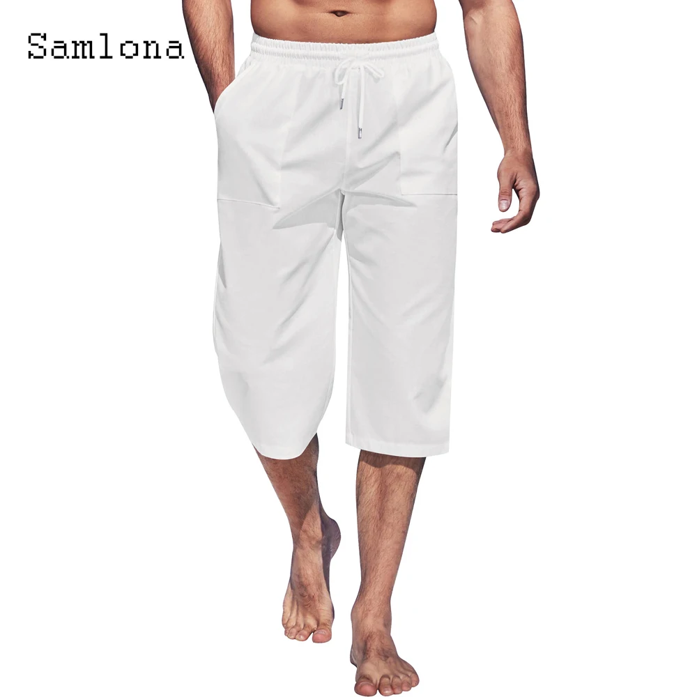 

2023 Men Stand Pocket Casual Linen Pants Solid White Khaki Calf-Length Trouser Plus Size Mens Simple Drawstring Sweatpants