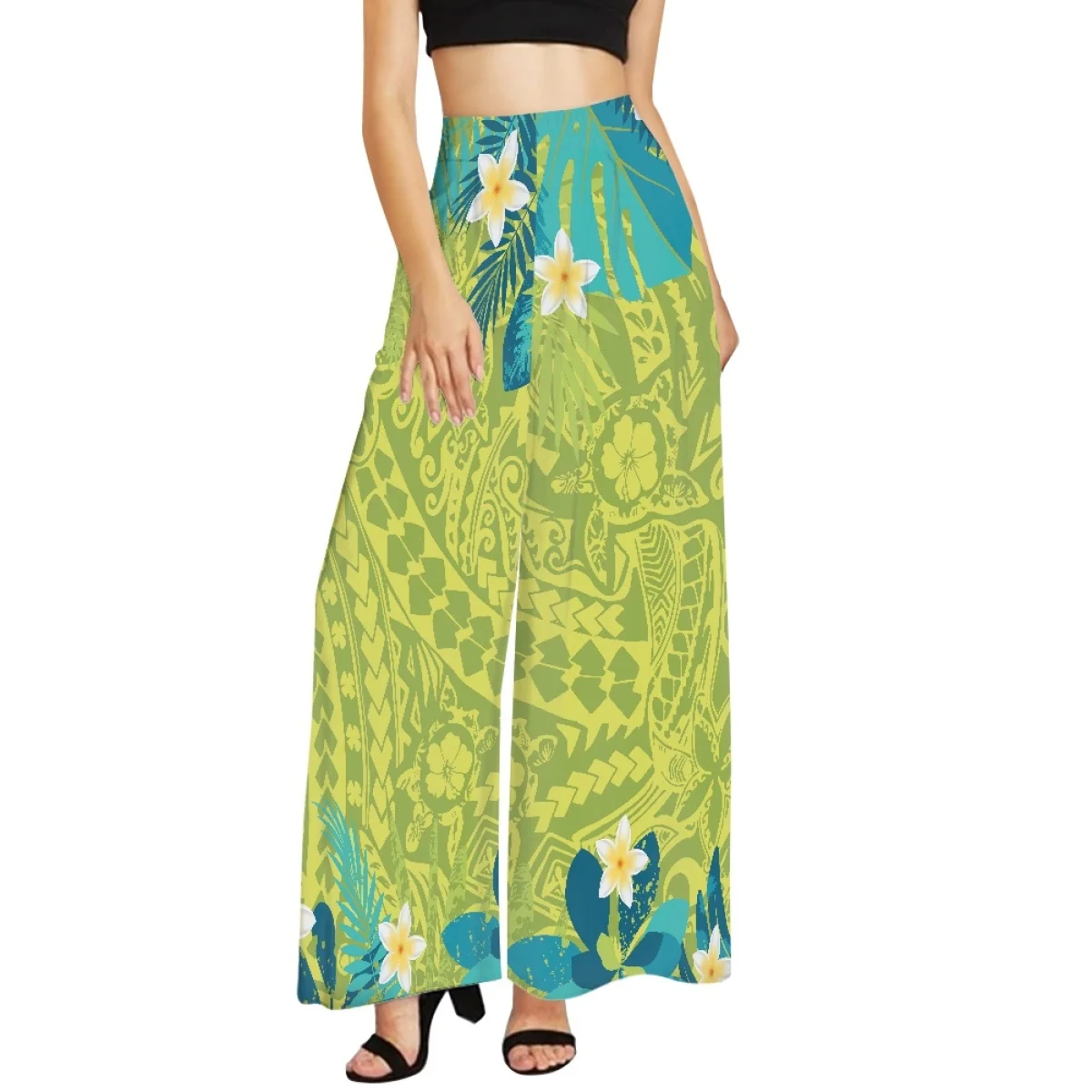 

Hycool Polynesian Tribal Green Leaf Print Pants for Women, Ladies High Waist, Wide Leg, Summer Boho Fashion, XS-6XL, 2023