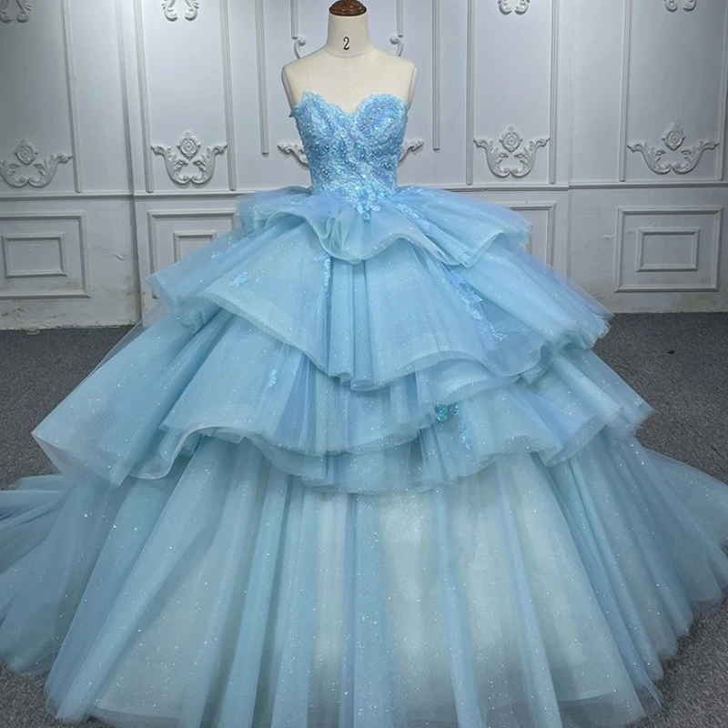 

2024 Sky Blue Off the Shoulder Quinceanera Dress Ball Gown Lace Applique Beading Tull Tiered Sweet 16 Vestidos De 15 Años