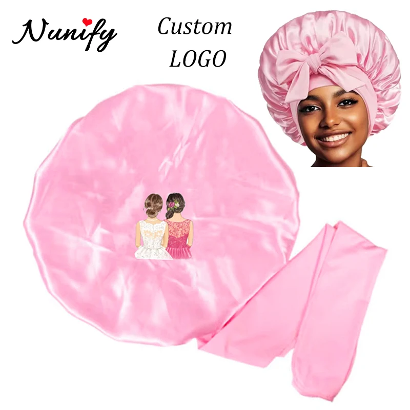 

Custom Your Own Logo Wide Edge Satin Bonnet With Tie Sleep Caps Lined Hair Bonnets For Women 20Pcs Large Bonnet For Curly Hair