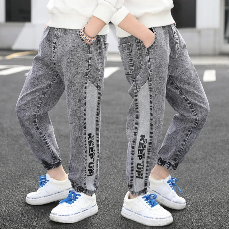 

Teen Boys Casual Jeans Fashion New Letter Print Pants Spring Autumn Patchwork Denim Trousers Children's Clothing 8 10 12 14 Yrs