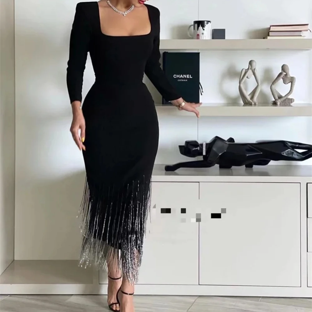 Elegant Simple Black Tassels Evening Dress Modest A-Line Formal Prom Dress Tiered V-Neck Hot Style For Women 2024 Party Gowns
Elegant Simple Black Tassels Evening Dress Modest A-Line Formal Prom Dress Tiered V-Neck Hot Style For Women 2024 Party Gowns