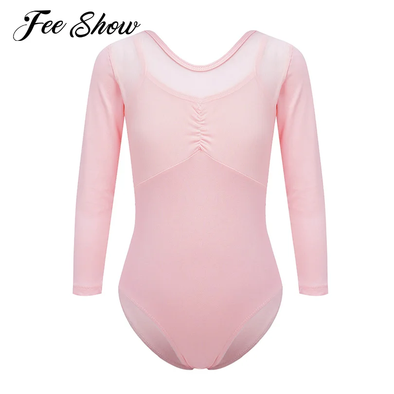 

Kids Girls Sheer Mesh Patchwork Ballet Leotard Dancewear Long Sleeve Open Crotch Bodysuit for Gymnastics Dance Practice Training