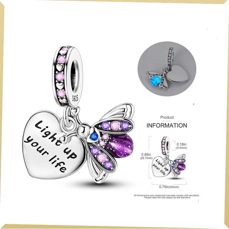 

2024 New Hot 925 Sterling Silver Charm Fit Original Pandora Bracelet Bead Women DIY Fashion Purple luminous Firefly Jewelry Gift