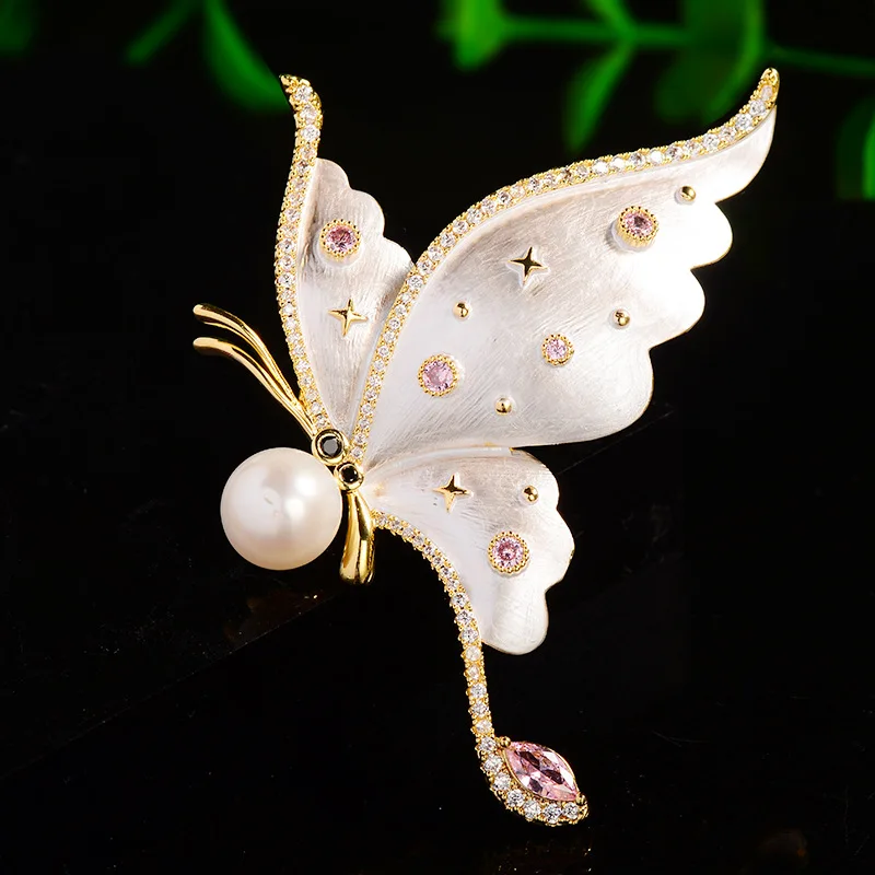 

Trendy Hand-painted Enamel Butterfly Broochpins High-end Fashion Freshwater Pearl Insect Brooch for Women Suit Corsage Accessory