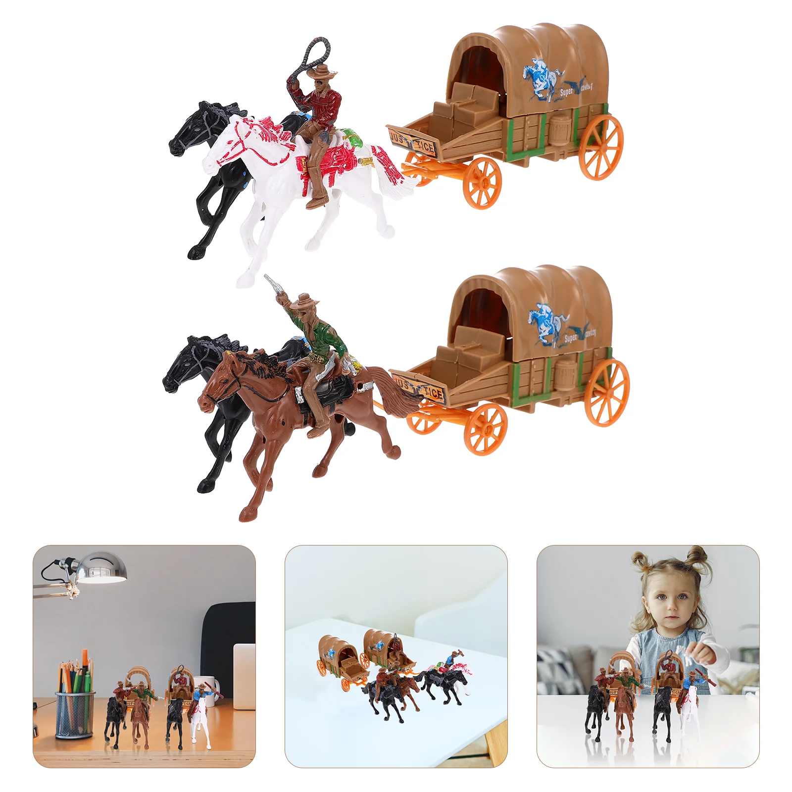 

Ковбойская модель игрушки, 2 комплекта, Детская Коллекционная культура, игрушки для детей, пластиковые миры, самые маленькие модели карет, работа