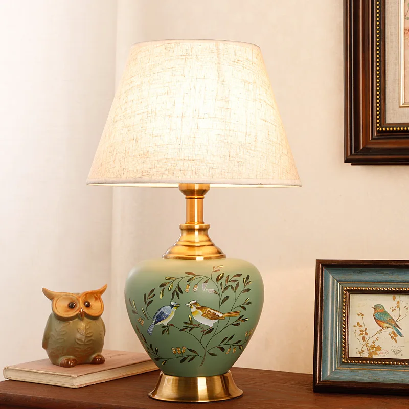 

Classical Simple Ceramic Table Lamp Chinese Hand-Painted Flower Bird Green Bedroom Livingroom Decoration LED E27 Desk Lighting