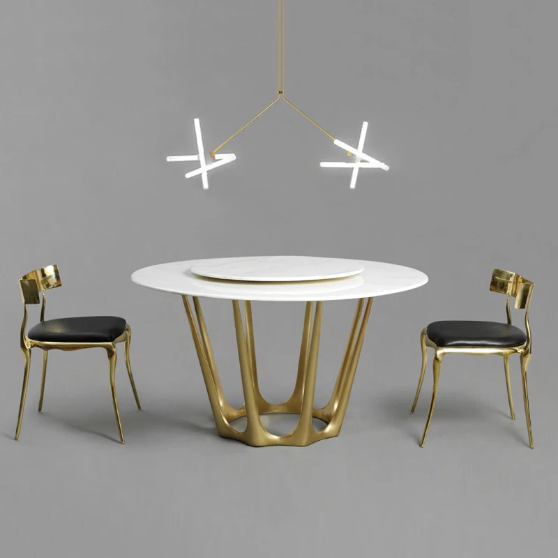 

Nordic Italian Light Luxury Cast Copper Crown Marble Dining Table Simple Living Room Brass Foot Brass Stool