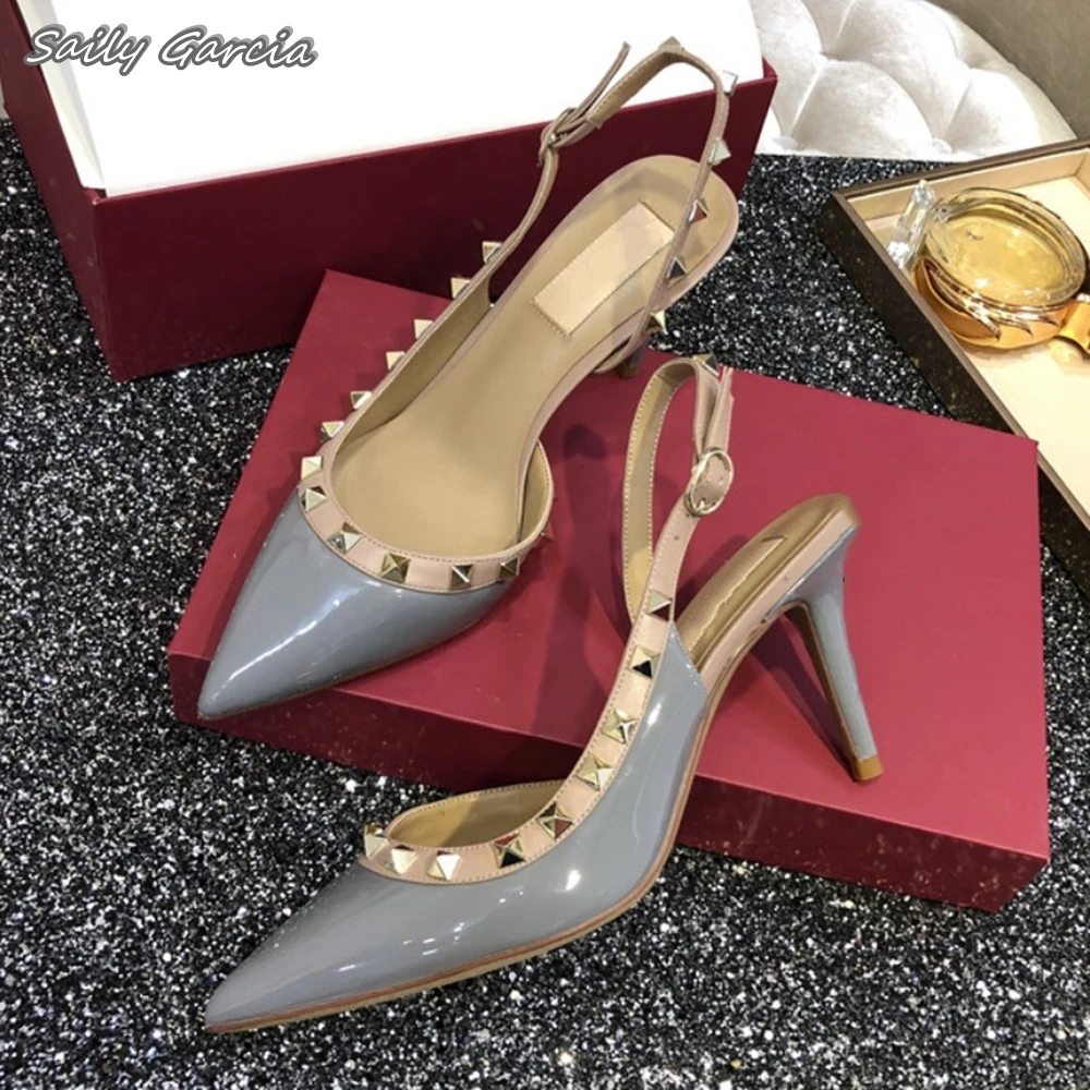 

Patent Leather Metal Rivet Back Buckle Strap Sexy Sandals 2024 Classic Luxury Party High Heels Pointed Toe Sheepskin Sole Shoes