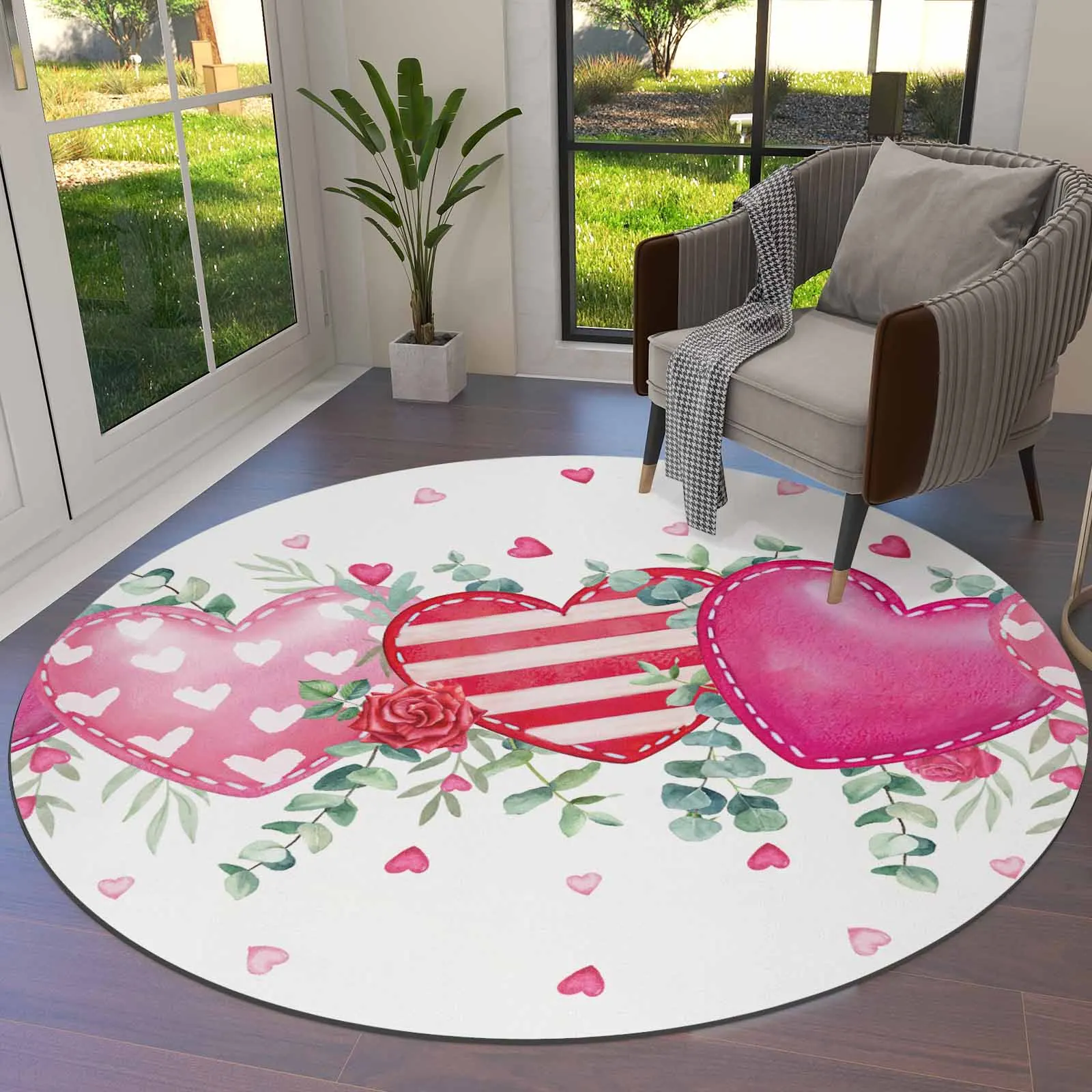 

Valentine'S Day Love Eucalyptus Leaves Rose Round Area Rug Carpets For Living Room Large Mat Home Bedroom Kid Room Decoration