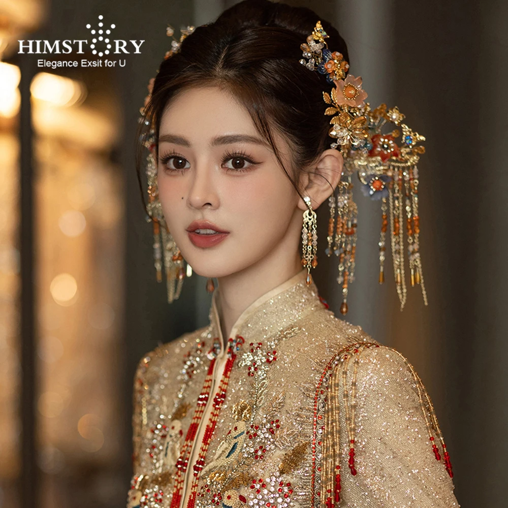 

HIMSTORY Traditional Chinese Wedding Bridal Princess Hair Accessories Flower Tassel Hairpins