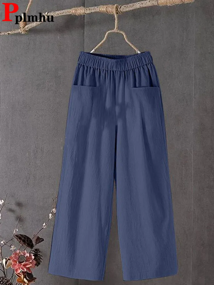 

2024 Women Casual Cotton Linen Culotte Summer High Waist Wide Leg Pants Big size 4xl Thin Pantalones Baggy Ankle-length Trousers