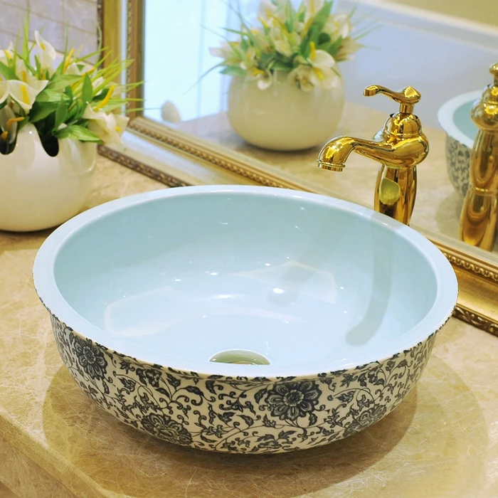 Porcelain China vessel sink Handmade Engraving Ceramic wash basin Lavobo Round Countertop bathroom sink (1)