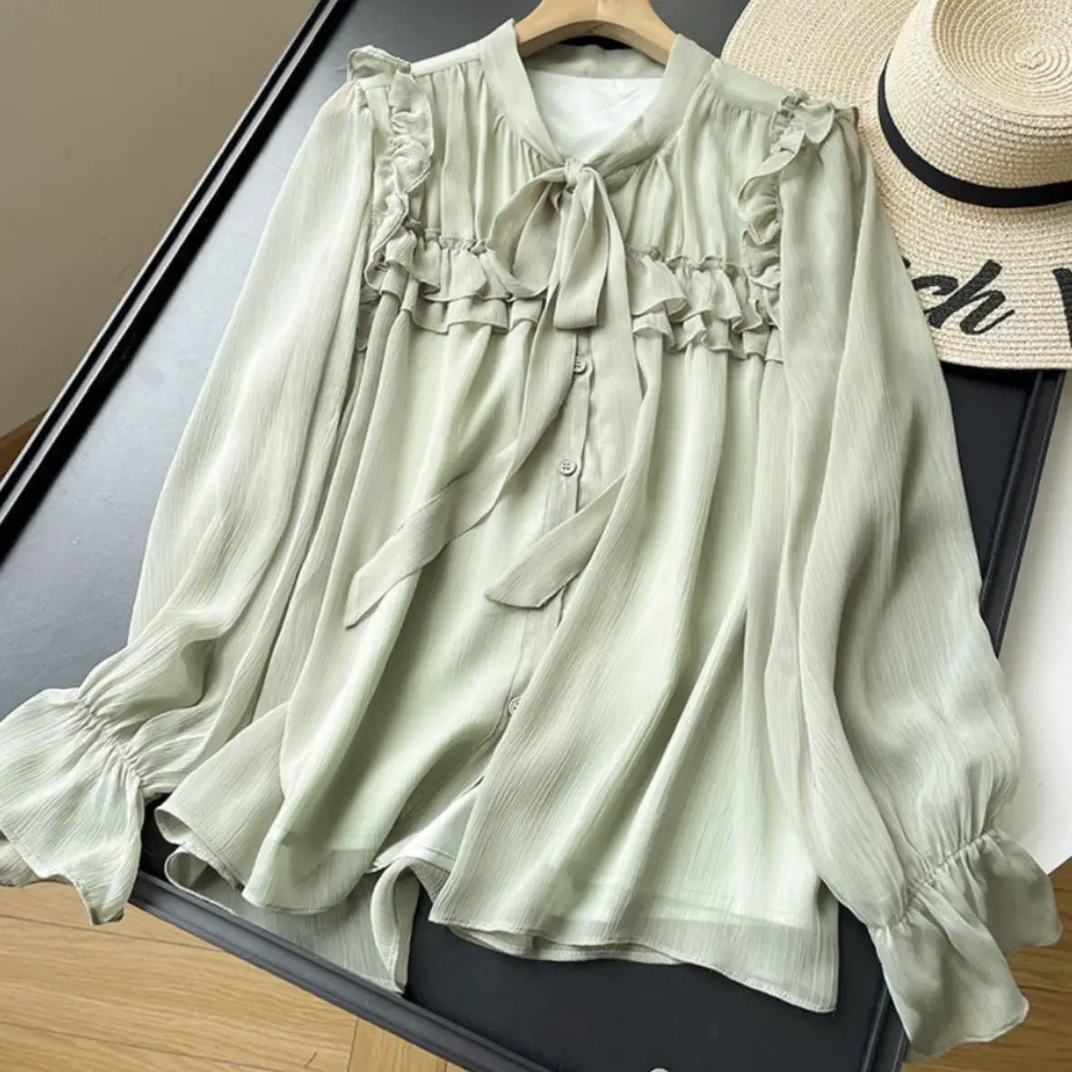 Green Long Sleeved Chiffon Shirt Autumn 2023 Women's Clothing Ruffles Blouse Top
Green Long Sleeved Chiffon Shirt Autumn 2023 Women's Clothing Ruffles Blouse Top
