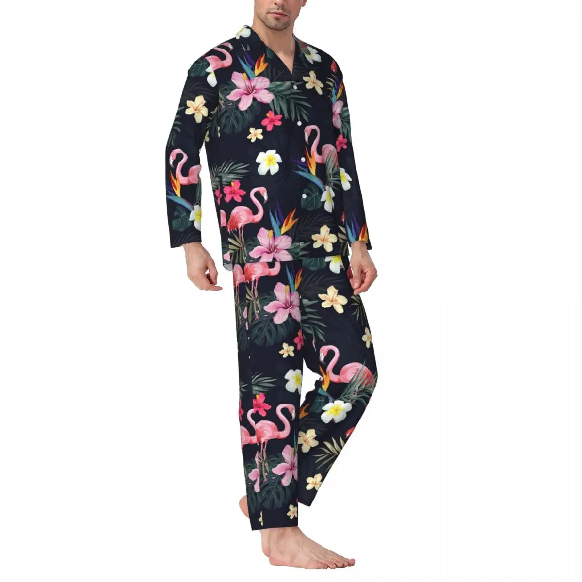 

Одежда для сна с тропическими птицами, Осенние повседневные большие пижамные комплекты с принтом фламинго, мужская Милая Повседневная Ночная рубашка с длинным рукавом на заказ