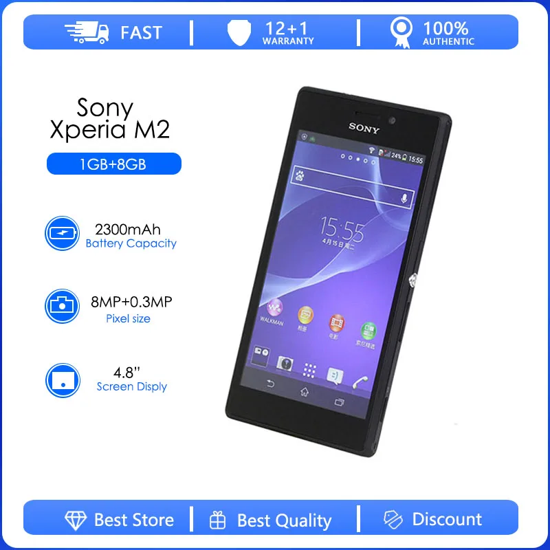 

Sony Xperia M2 D2303 Refurbished Original Unlocked 1GB RAM 8GB ROM 4.8" Android 4.3 Quad Core 8MP WIFI 1080P 4G LTE Phone