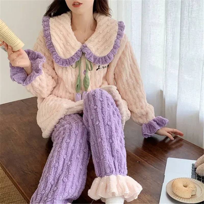 

Lady New Autumn Winter Loungewear Suit Coral Plush Women Pajamas Thickening Sleep Clothes Famale Warm Homewear Set Girls Pijamas