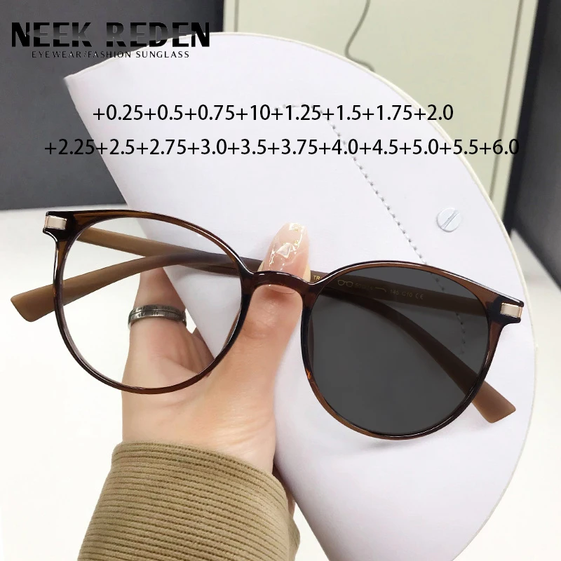 

Солнцезащитные очки для чтения для мужчин и женщин, круглые фотохромные аксессуары Tr90, ретро оптические очки с диоптриями + 0,25 + 2,75 + 5,5