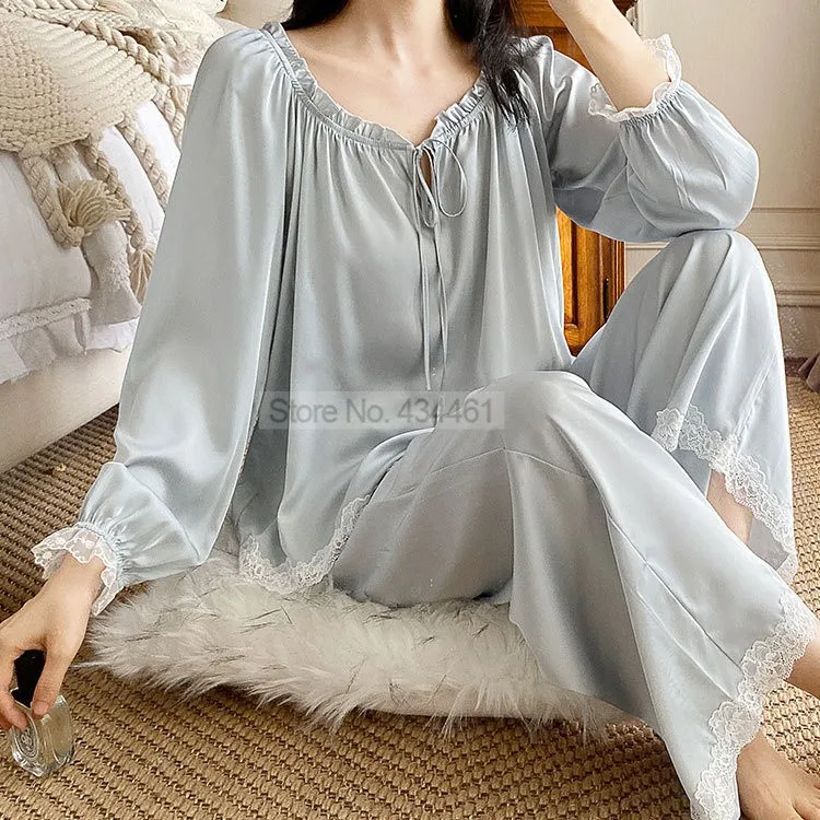 Lace Trim Two-pieces Pajamas Suit Women Nightwear Summer Long Sleeve Pyjamas Sleep Set With Trousers Satin Sleepwear Home Wear
Lace Trim Two-pieces Pajamas Suit Women Nightwear Summer Long Sleeve Pyjamas Sleep Set With Trousers Satin Sleepwear Home Wear