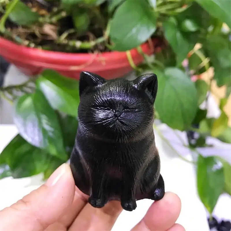 

Natural Black Obsidian Cartoon Cat Hand Carved Cartoon Statue Reiki Healing Energy Stone Crystal Crafts Gift 1pcs