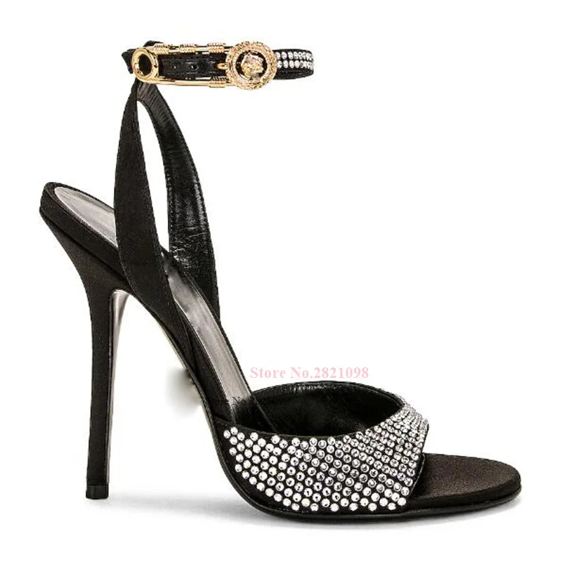 

Black Crystal Embellished Leather Gold Ankle Strap Buckle High Heel Sandals Women Stiletto Heeled Summer Party Shoes