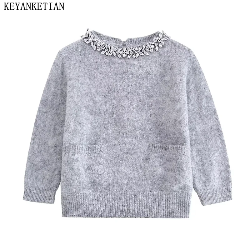 

KEYANKETIAN 2024 New Launch Women Artificial gemstone Decoration Short Sleeve Sweater Elegant Stylish Slim Knitted Top Pullover