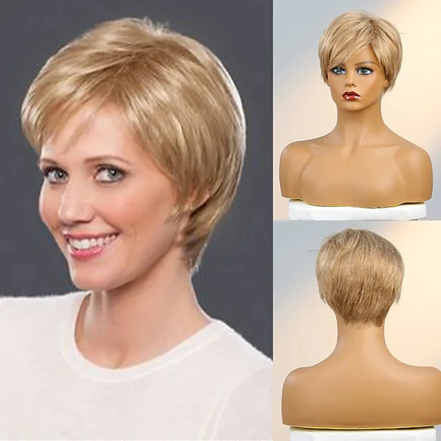

Synthetic Women Wig Short Natural Straight Bob Pixie Cut Side Part Layered Haircut Natural Hairline Capless Daily wig