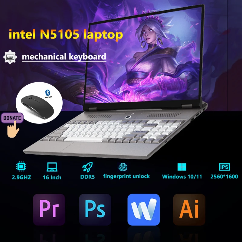 

Mechanical Keyboard With Backlight Laptops 16 Inch 2.5K Intel N5105 16GB RAM 1TB Windows10 Notebook Fingerprint Unlock 2560*1600