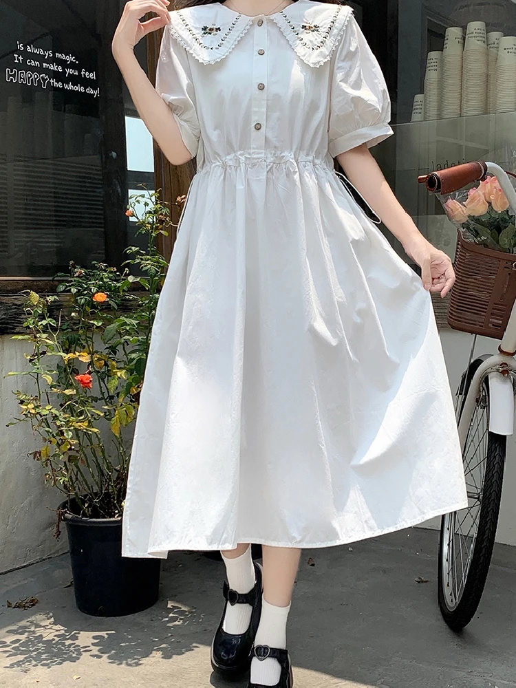 

French Mori Girly Preppy Style Lolita Women Dress Elegant Summer Peter Pan Collar Embroidery Waist Short Sleeve Mid-Calf Dresses