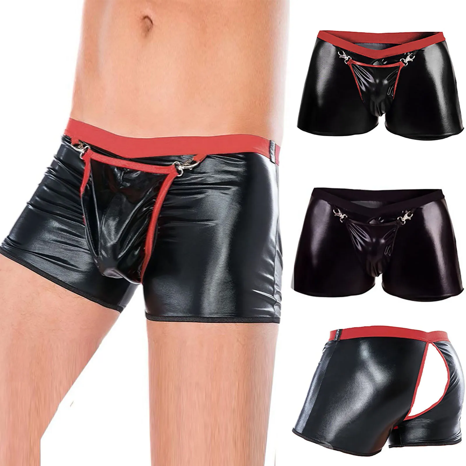 

Men Sexy Gay Underwear Open Crotch Leather Boxer Shorts Clubwear Erotic Crotchless Boxershorts Men Lingerie Buckle Underpant New