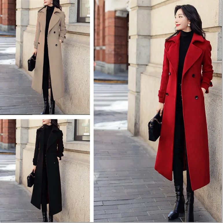 

Куртка женская шерстяная средней длины, однотонная двубортная плотная теплая куртка с отложным воротником и длинным рукавом, из смешанной шерсти, Осень-зима