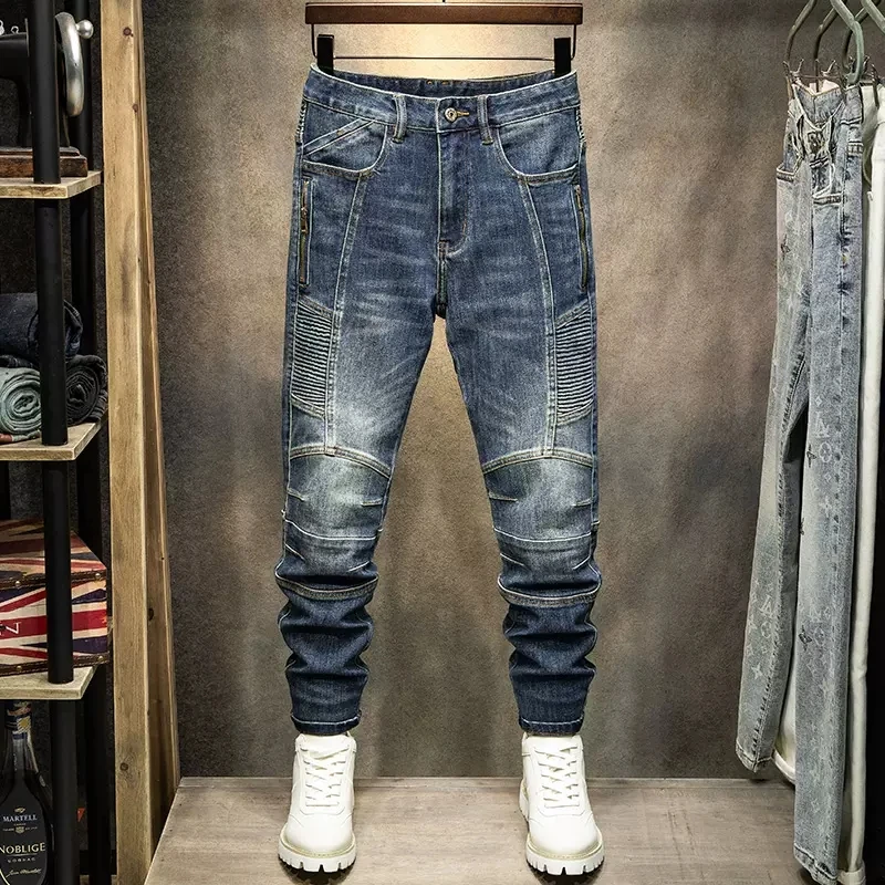 

Streetwear Fashion Men Jeans Retro Dark Blue Elastic Slim Fit Ripped Biker Jeans Men Spliced Designer Hip Hop Denim Pants Hombre