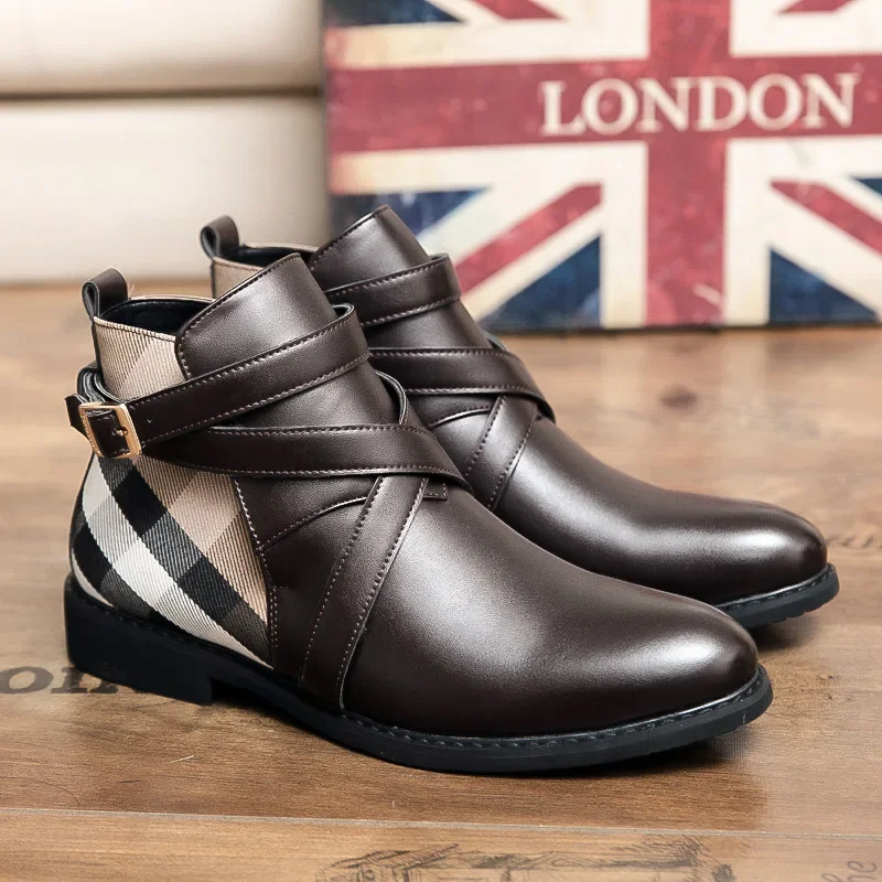 

LE Fu handmade Custom Model Trendy Plaid Short Boots Men's Big Size Martin Boots British Fashion Walking Leather Boots PX063