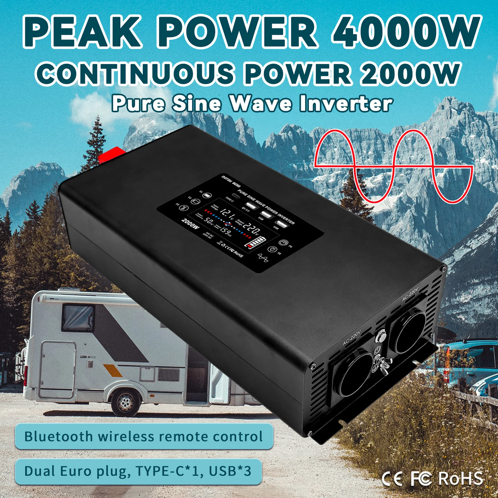 DATOUBOSS Pure Sine Wave Inverter 4000W DC 12V 24V 36V 48V 60V To AC 220V 240V Continuous Power 2000W With Wireless Bluetooth
DATOUBOSS Pure Sine Wave Inverter 4000W DC 12V 24V 36V 48V 60V To AC 220V 240V Continuous Power 2000W With Wireless Bluetooth