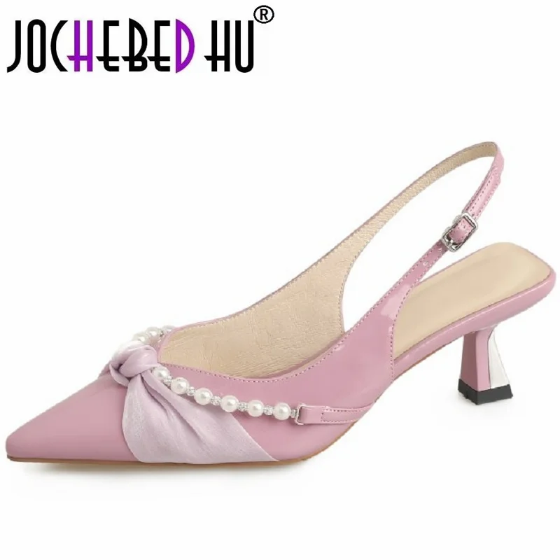 

【JOCHEBED HU】Brand Genuine Leather Pointy Toe Crystal Bow Knot Gladiator Sandals Formal Women Shoes Summer Sexy Heel Mules Shoes