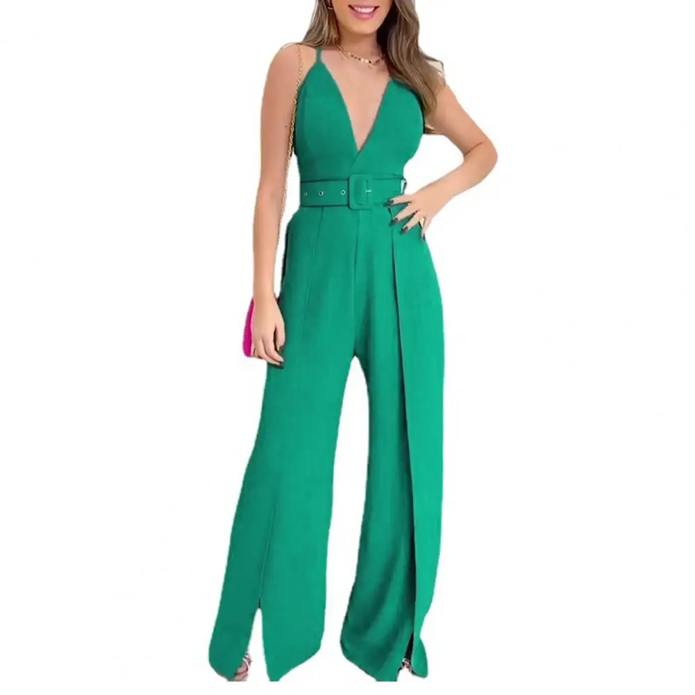 

Women Backless Jumpsuit Elegant V-neck Jumpsuit with Wide Leg Belted Waist Chic Business Attire for Women Stylish Summer Office