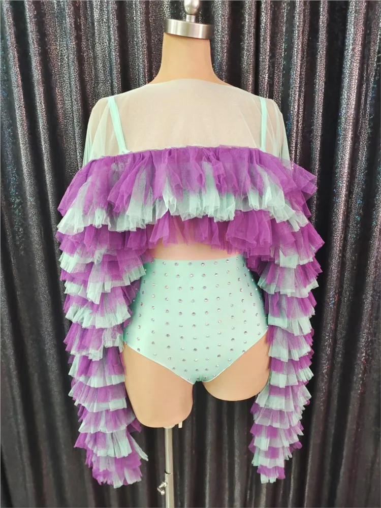 

Women Performance Dance Costume New Mesh Ruffle Cloak Rhinestones Leotard Two Pieces Set Nightclub Outfit Singer Show Stage Wear