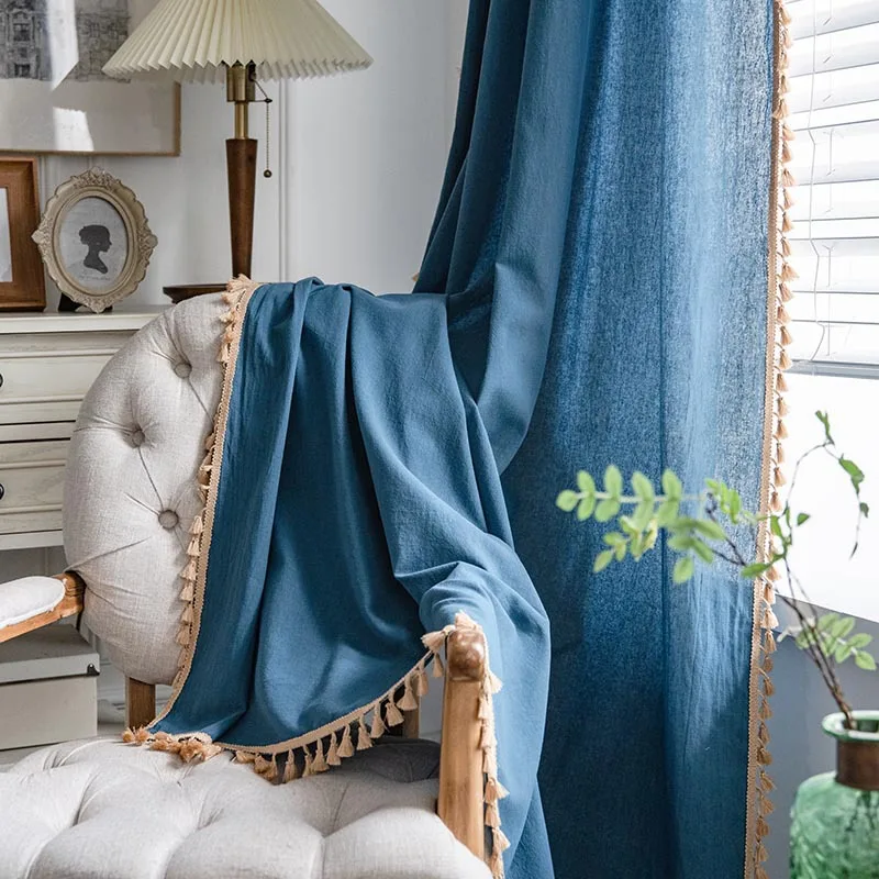 

Blue Cotton Linen Window Curtains for Living Room Short Vintage Farmhouse Deco Tassel Drapes Kitchen Valance Cortinas