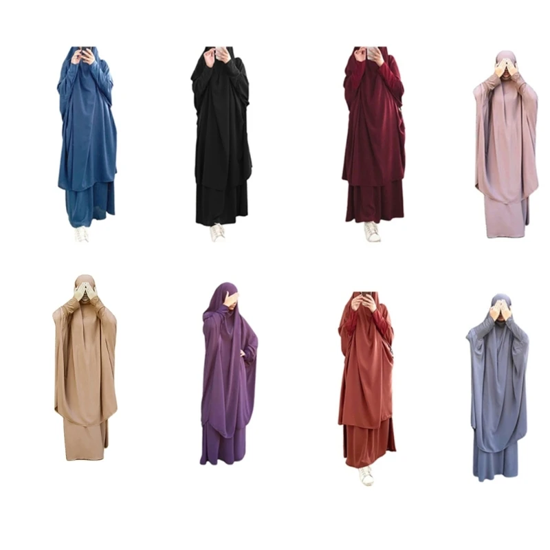 

Womens 2 Pieces Muslim Prayer Dress Long Sleeve Hijab Scarf Khimar and Skirt Set Islamic Abaya Full Length Kaftan Robe Dropship