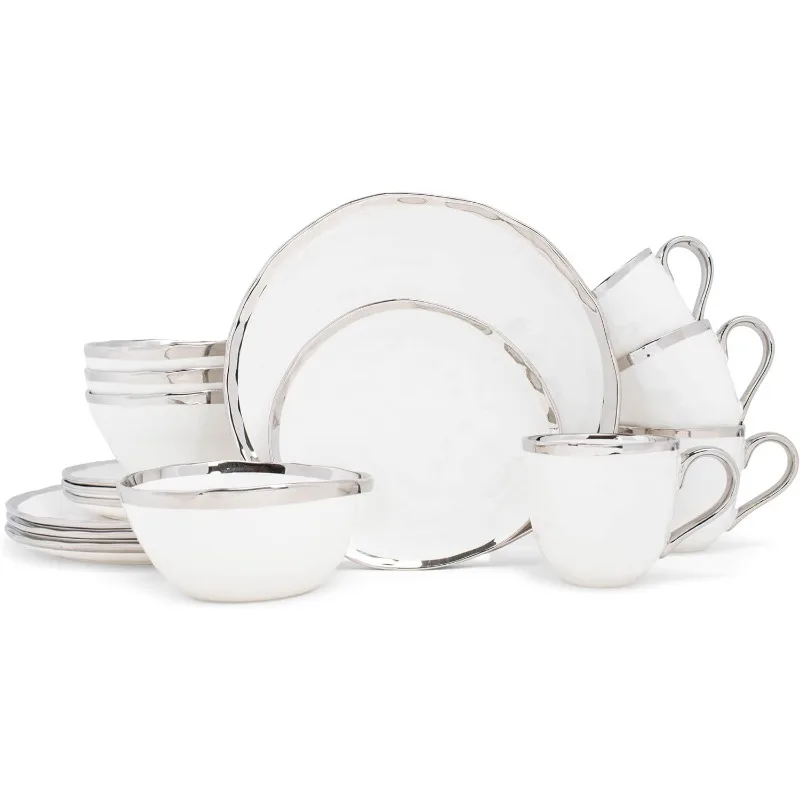 

16-Piece Metallic Bubble Porcelain Ceramic Plates Bowls Mugs Dinnerware Set - Service for 4, Black With Gold Accents