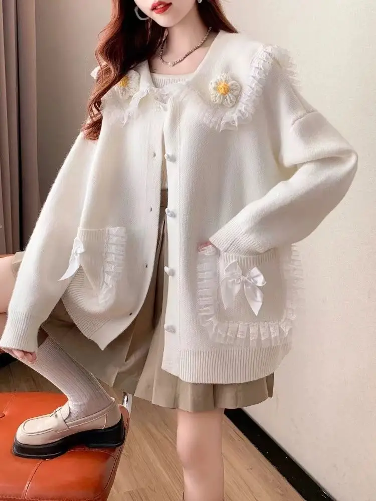 Sweet Peter Pan Collar Pockets Bow Lace Cardigan Sweaters Female Clothing 2024 Autumn Winter New Loose Knitted Young Style Tops Sweet Peter Pan Collar Pockets Bow Lace Cardigan Sweaters Female Clothing 2024 Autumn Winter New Loose Knitted Young Style Tops