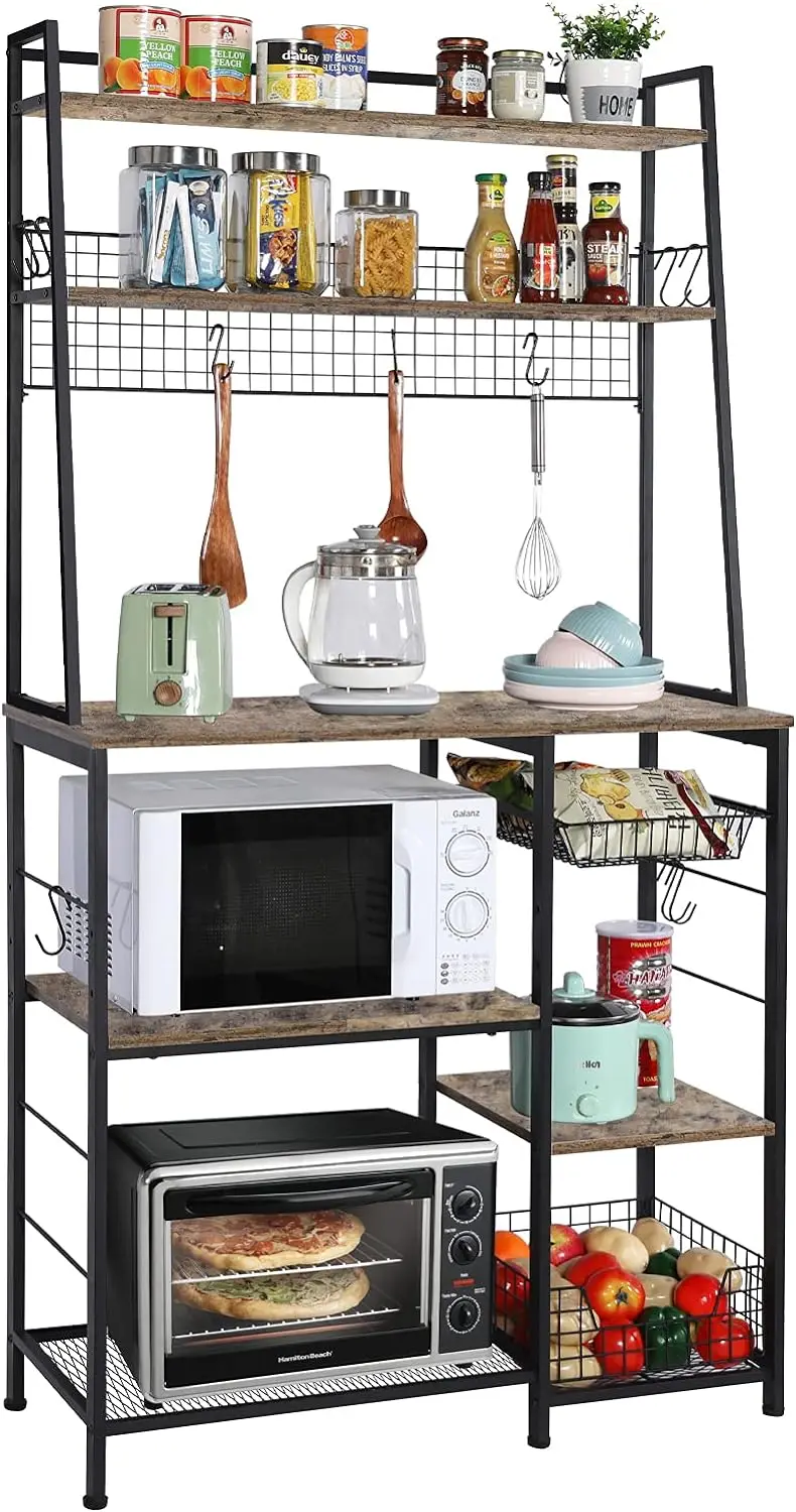Baker\u2019s with Storage Coffee Bar Station, 68inch Microwave Oven Stand with Pull-out Wire Basket 12 Hooks,5 Tier Storage She
Baker\u2019s with Storage Coffee Bar Station, 68inch Microwave Oven Stand with Pull-out Wire Basket 12 Hooks,5 Tier Storage She