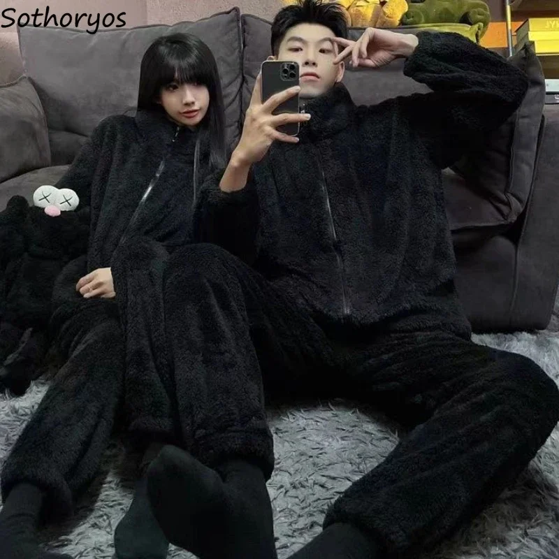 

Black Pajama Sets Women Simple Korean Fashion Winter Flannel Couple Sleepwear Warm Stand Collar Pajamas Baggy Comfortable Thick