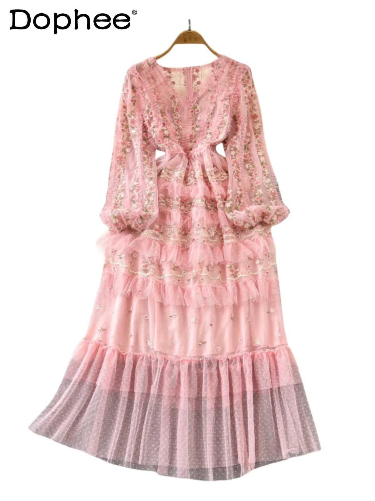 Женское Сетчатое платье-трапеция с вышивкой, V-образным вырезом и длинным рукавом-фонариком
Женское Сетчатое платье-трапеция с вышивкой, V-образным вырезом и длинным рукавом-фонариком