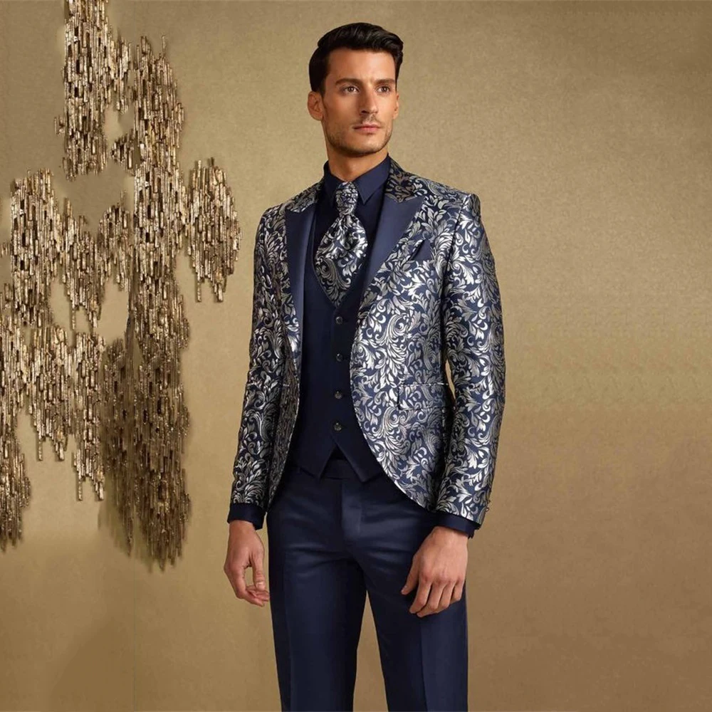 

Luxury Blue Suit Mens Formal Business Blazer Party Wedding Groom Tuxedo Slim Fit Banquet 3 Piece Jacket Vest Pants Costume Homme