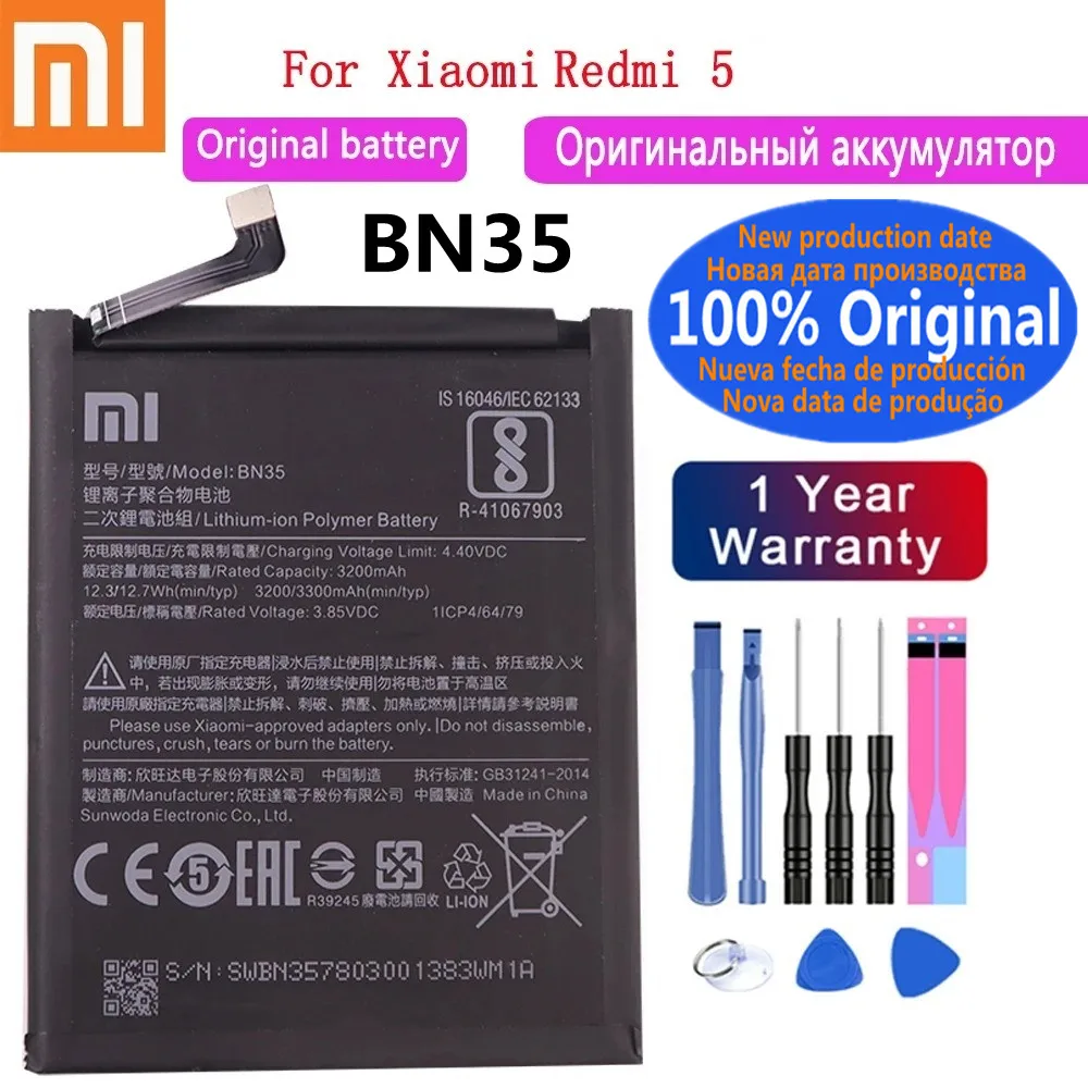 

New Xiao Mi 100% Original Battery BN35 For Xiaomi Redmi 5 5.7" Redrice 5 3200mAh Phone Battery Bateria Fast Deliver + Tools