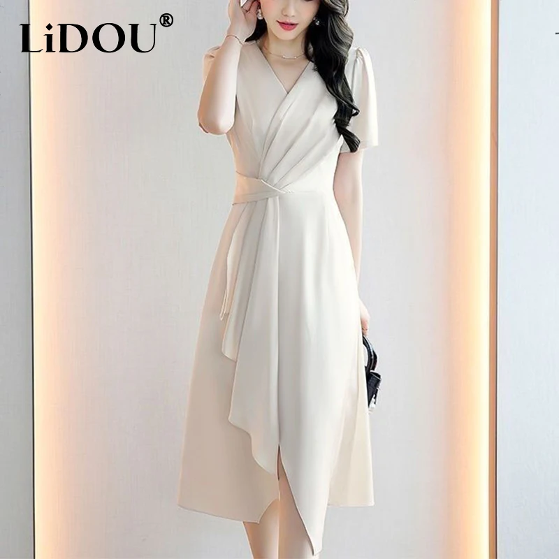 

Summer V-neck Elegant Fashion Folds Waist Dress Lady Short Sleeve Temperament Evening Party Robe Women Solid Color Slit Vestidos