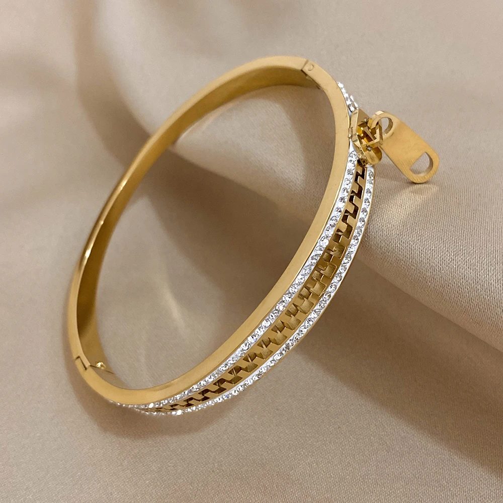 ALLYES Creative Shiny Rhinestones Zipper Stainless Steel Bracelet Statement 18K Gold Plated Bracelets & Bangles Fashion Jewelry ALLYES Creative Shiny Rhinestones Zipper Stainless Steel Bracelet Statement 18K Gold Plated Bracelets & Bangles Fashion Jewelry